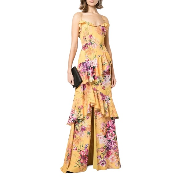 MARCHESA NOTTE Floral Print Crepe Ruffle Gown in Marigold - Picture 4 of 11